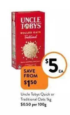 Foodworks Uncle Tobys Quick Or Traditional Oats 1kg offer