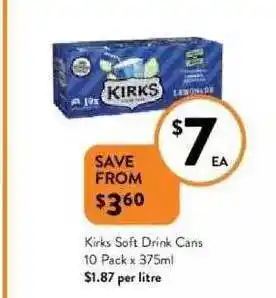 Foodworks Kirks Soft Drink Cans 10 Pack offer