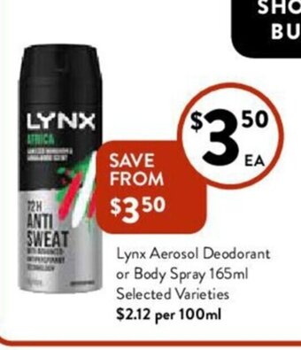 Foodworks Lynx aerosol deodorant or body spray 165ml offer
