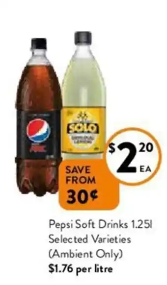 Foodworks Pepsi soft drinks 1.25L selected varieties (ambient only) offer