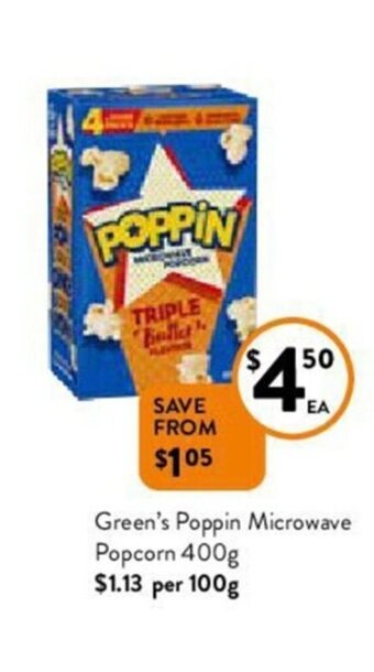 Foodworks Green's poppin microwave popcorn 400g offer