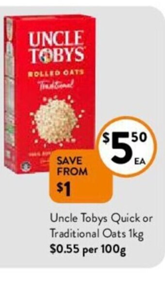 Uncle tobys quick or traditional oats 1Kg