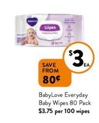 Foodworks Babylove everyday baby wipes 80 pack offer