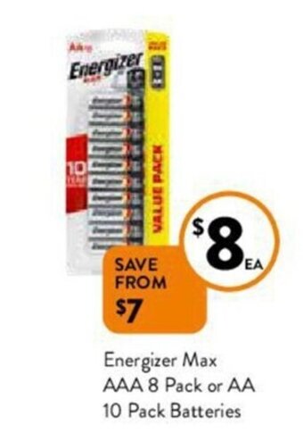 Foodworks Energizer max AAA 8 pack or AA 10 pack batteries offer