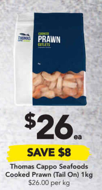 Drakes Thomas cappo seafoods cooked prawn (tail on) 1Kg offer