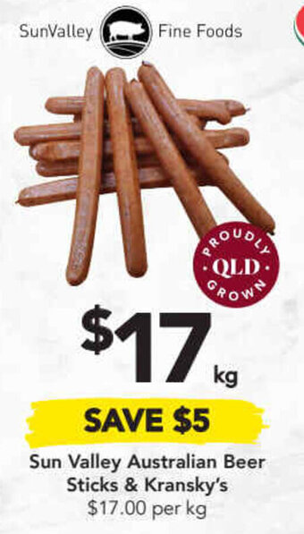 Drakes Sun valley australian beer sticks & kransky's offer