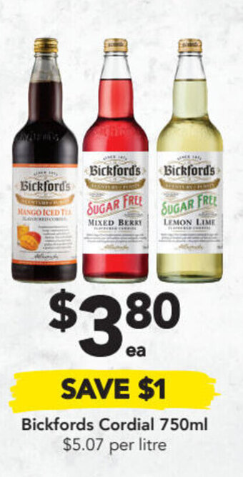Drakes Bickfords cordial 750ml offer