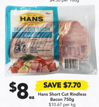 Drakes Hans short cut rindless bacon 750g offer