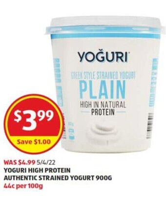 ALDI Yoguri High Protein Authentic Strained Yogurt 900g offer