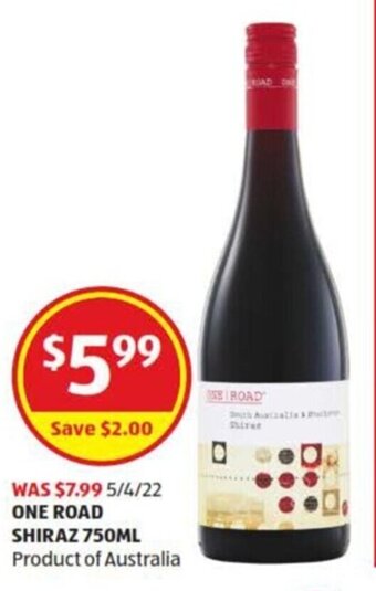 ALDI One Road Shiraz 750ml offer