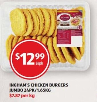 ALDI Ingham's Chicken Burgers Jumbo 24pk/1.65kg offer