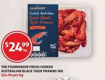 ALDI The Fishmonger Fresh Cooked Australian Black Tiger Prawns 1Kg offer