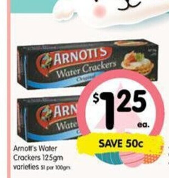 Arnott's Water Crackers 125gm varieties offer at Spar