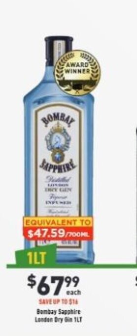 Liquor Legends Bombay Sapphire London Dry Gin 1LT offer