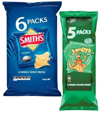 Coles Smith’s Chips 6 Pack 114g or Jumpy’s Snacks 5 Pack 90g offer