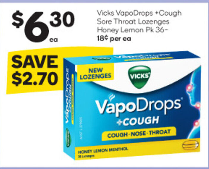 Vicks VapoDrops +Cough Sore Throat Lozenges Honey Lemon Pk 36 offer at