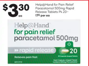 Woolworths Help@Hand for Pain Relief Paracetamol 500mg Rapid Release Tablets Pk 20- offer