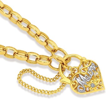 Prouds 9ct Gold 19cm Solid Belcher Diamond Mum Padlock Bracelet offer