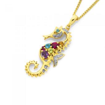 9ct Gold Multi Gemstone Sea Horse Pendant