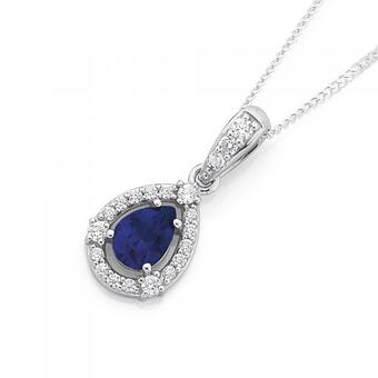 Prouds Sterling Silver Pear Sapphire & Cubic Zirconia Pendant offer