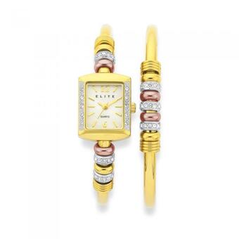 Prouds Elite Ladies Tri Tone Watch & Bracelet Set offer