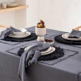 Pillow Talk Ashra Fringed Charcoal Table Linen Range by M.U.S.E. offer