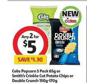 Coles Cobs Popcorn 5 Pack 65g Or Smith's Crinkle Cut Potato Chips Or Double Crunch 150g-170g offer