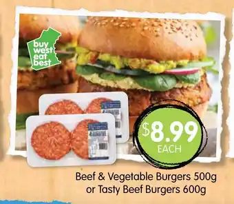 Spudshed Beef & Vegetable Burgers 500g or Tasty Beef Burgers 600g offer