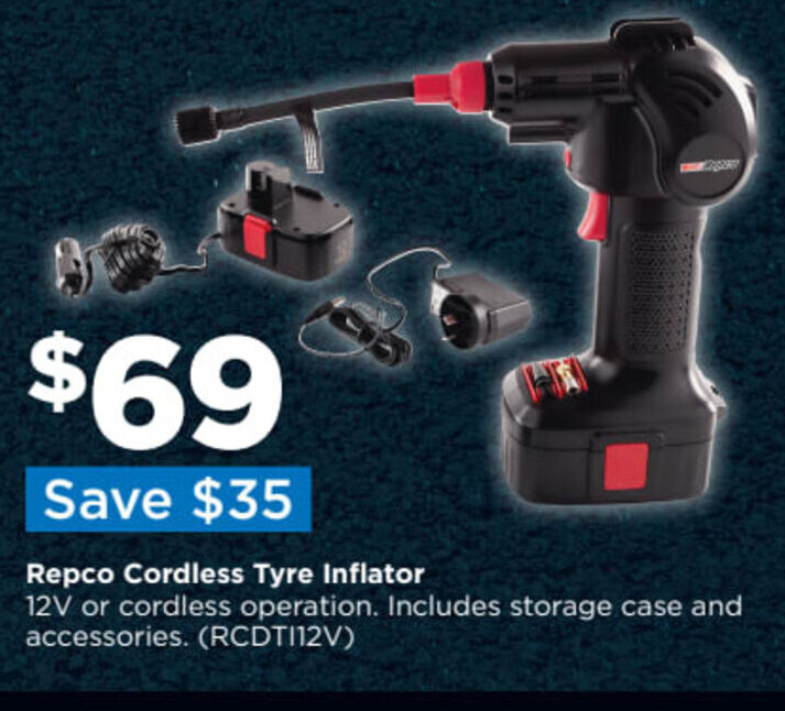 Repco Cordless Tyre Inflator 12V or Cordless Operation. Includes