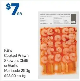 Foodland KB's Cooked Prawn Skewers Chilli or Garlic Marinade 250g $28.00 Per kg offer