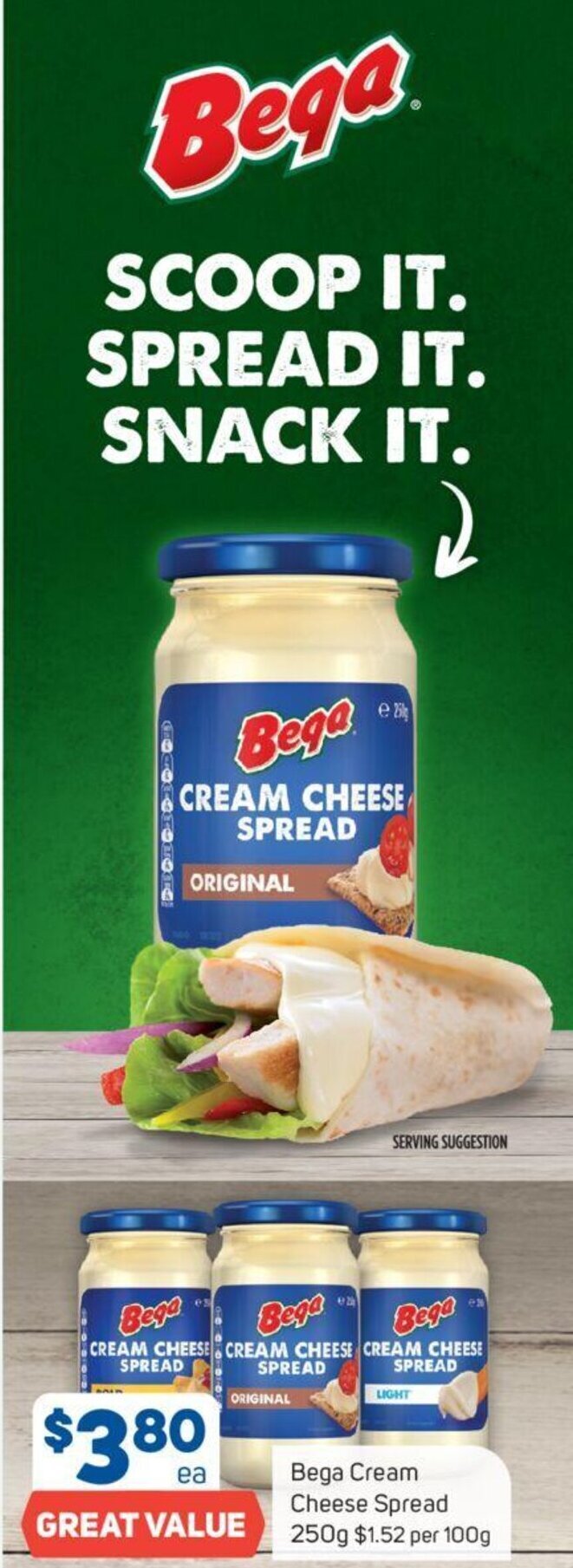 Bega Cream Cheese Spread 250g 1.52 Per 100g offer at Foodland