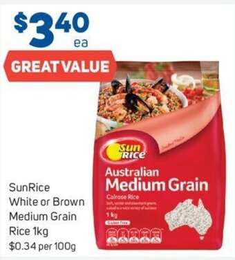 Foodland Sunrice White or Brown Medium Grain Rice 1kg $0.34 Per 100g offer