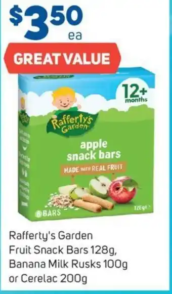 Foodland Rafferty's Garden Fruit Snack Bars 128g, Banana Milk Rusks 100g or Cerelac 200g offer