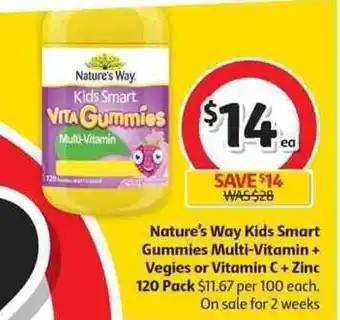 Coles Nature's Way Kids Smart Gummies Multi-Vitamin + Vegies or Vitamin C + Zinc 120 Pack offer
