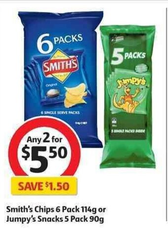 Coles Smith's Chips 6 Pack 114g or Jumpy's Snacks 5 Pack 90g offer