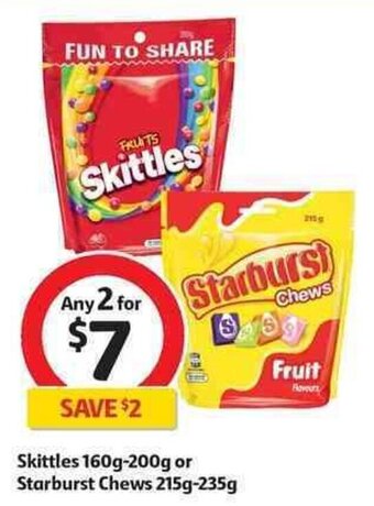 Coles Skittles 160g-200g or Starburst Chews 215g-235g offer
