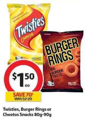 Coles Twisties, Burger Rings or Cheetos Snacks 80g-90g offer