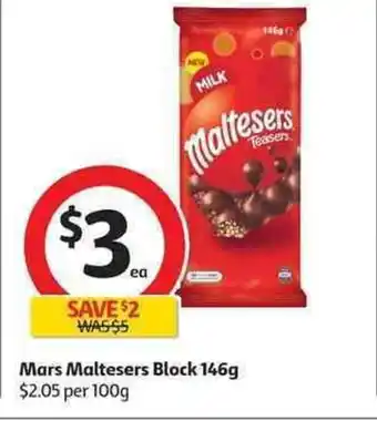Coles Mars Maltesers Block 146g offer