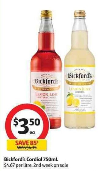 Coles Bickford's Cordial 750mL offer