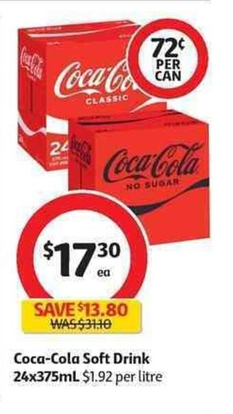 Coles Coca-Cola Soft Drink 24x375mL offer