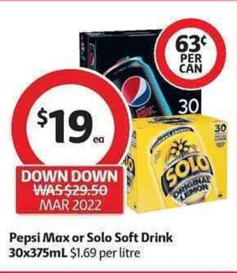 Coles Pepsi Max or Solo Soft Drink 30x375mL offer