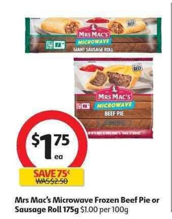 Coles Mrs Mac's Microwave Frozen Beef Pie or Sausage Roll 175g offer
