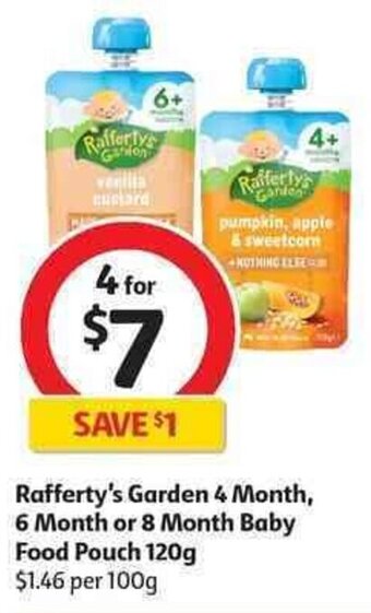 Coles Rafferty's Garden 4 Month, 6 Month or 8 Month Baby Food Pouch 120g offer