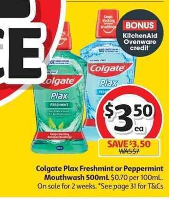 Coles Colgate Plax Freshmint or Peppermint Mouthwash 500mL offer