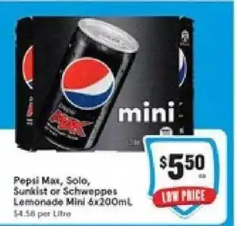 IGA Pepsi Max Solo Sunkist Or Schweppes Lemonade Mini offer