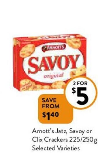 Foodworks Arnott's Jatz, Savoy or Clix Crackers 225/250g offer