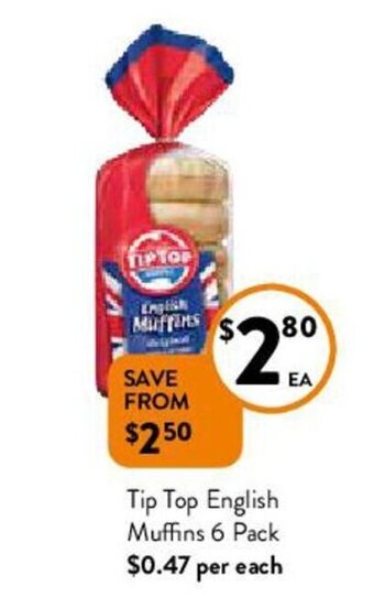 Foodworks Tip Top English Muffins 6 Pack offer