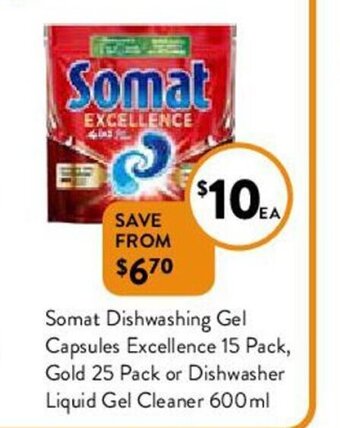 Foodworks Somat Dishwashing Gel Capsules Excellence 15 Pack , Gold 25 Pack or Dishwasher Liquid Gel Cleaner 600ml offer
