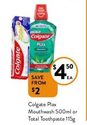 Colgate Plax Mouthwash 500ml or Total Toothpaste 115g