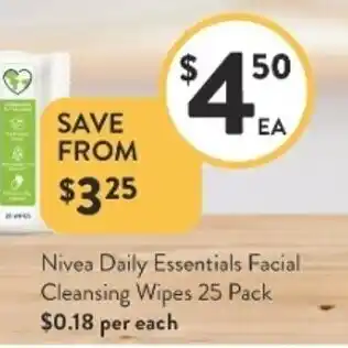 Foodworks Nivea Daily Essentials Facial Cleansing Wipes 25 Pack $0.18 Per Each offer